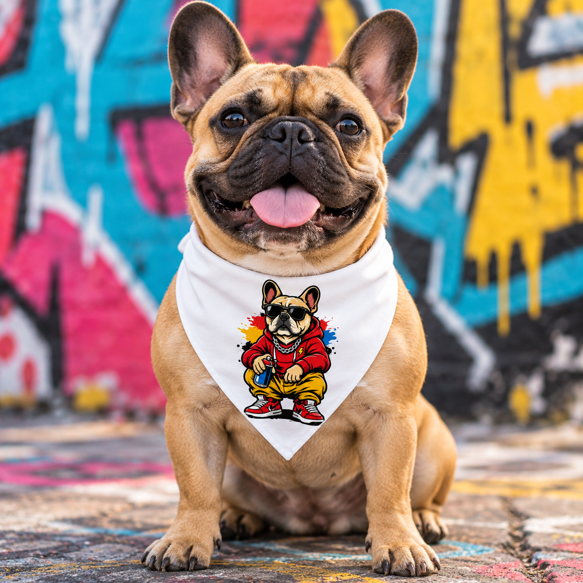 Bouledogue français portant le bandana Bolt blanc, illustration centrée sur la pointe — visuel lifestyle IA