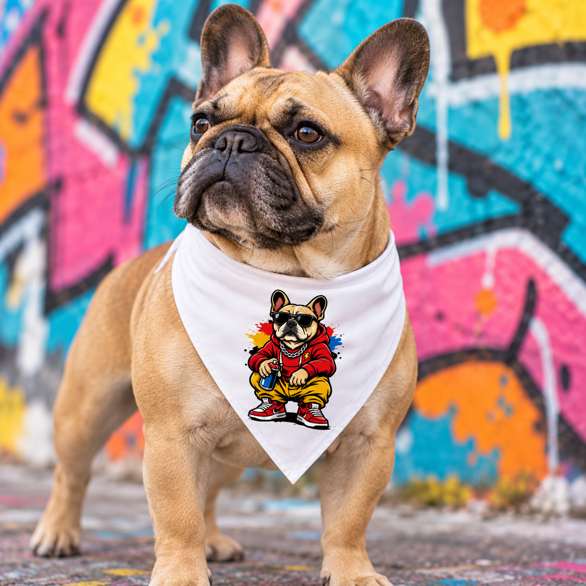 Bouledogue français portant le bandana Bolt dans une rue graffiti — visuel lifestyle IA