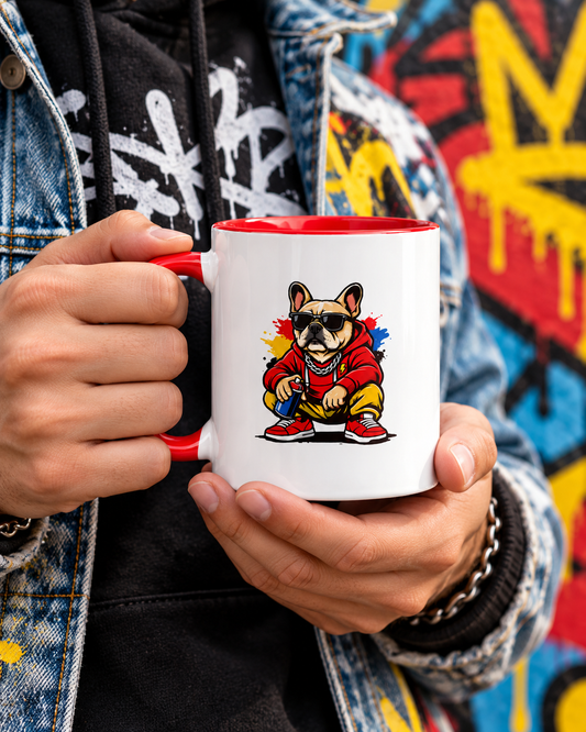 Mug Bolt rouge tenu en mains dans un univers streetwear — visuel d'ambiance généré par IA