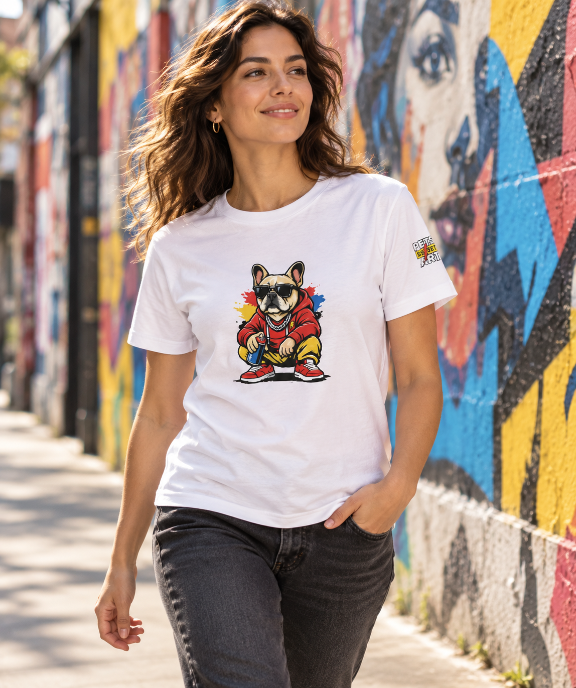Mise en scène illustrative du T-shirt Bolt blanc porté par une femme dans une rue de street art