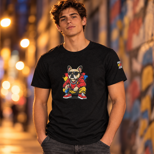 Mise en scène illustrative du T-shirt Bolt noir chiné porté dans un décor de street art