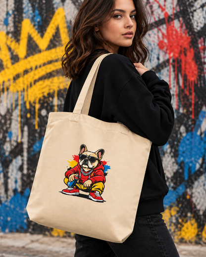 Tote bag Bolt écru avec illustration street art sur fond graffiti — visuel d'ambiance IA