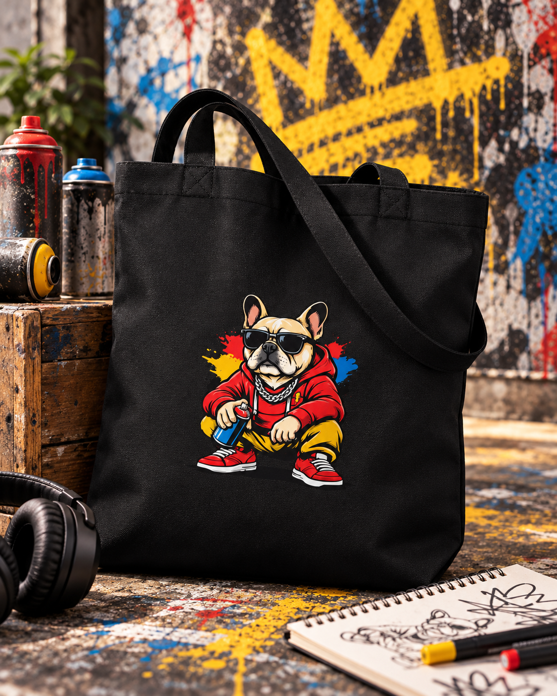 Tote bag Bolt écru porté à l'épaule devant un mur graffiti — visuel d'ambiance IA