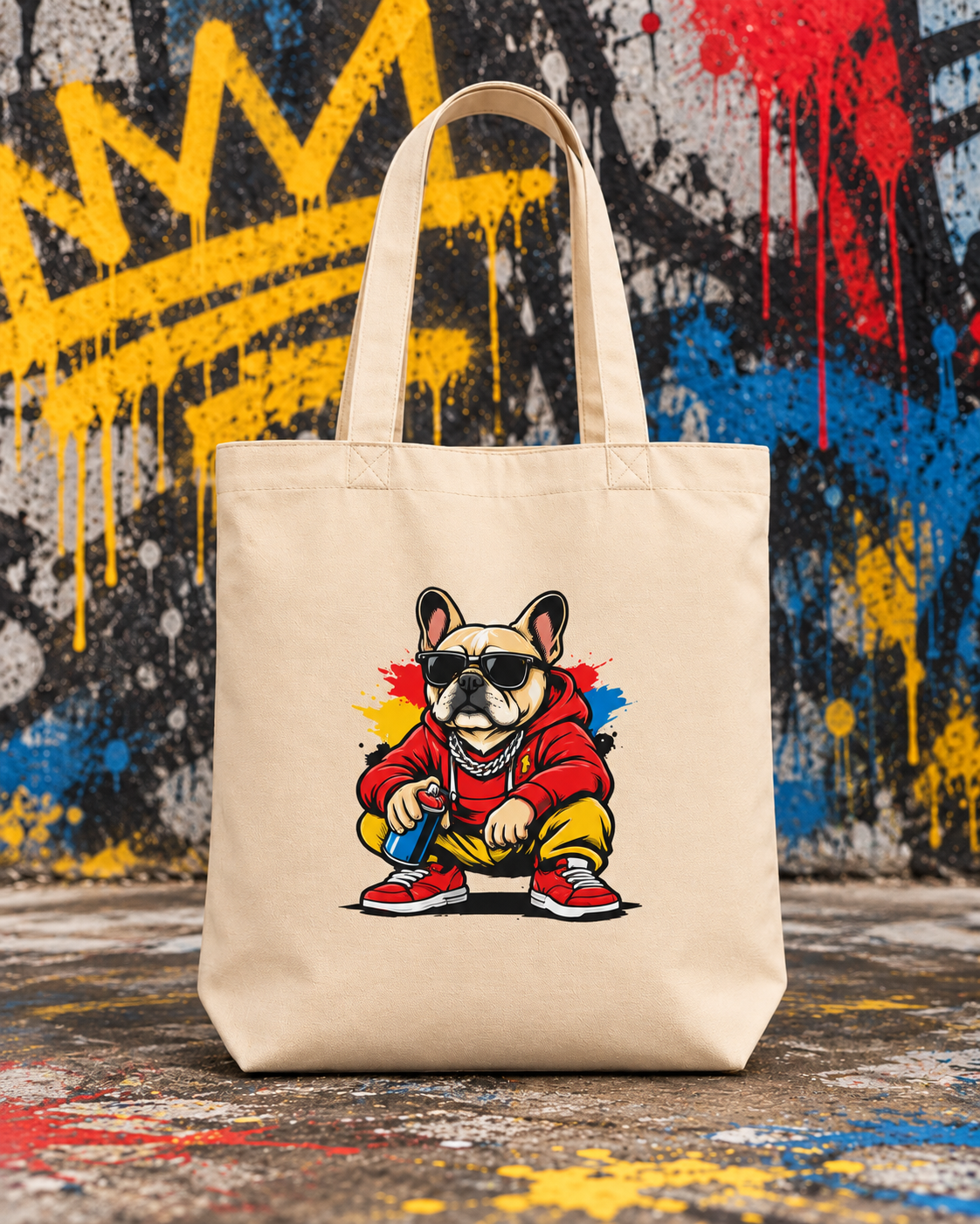 Tote bag Bolt noir dans un atelier street art avec bombes de peinture — visuel d'ambiance IA
