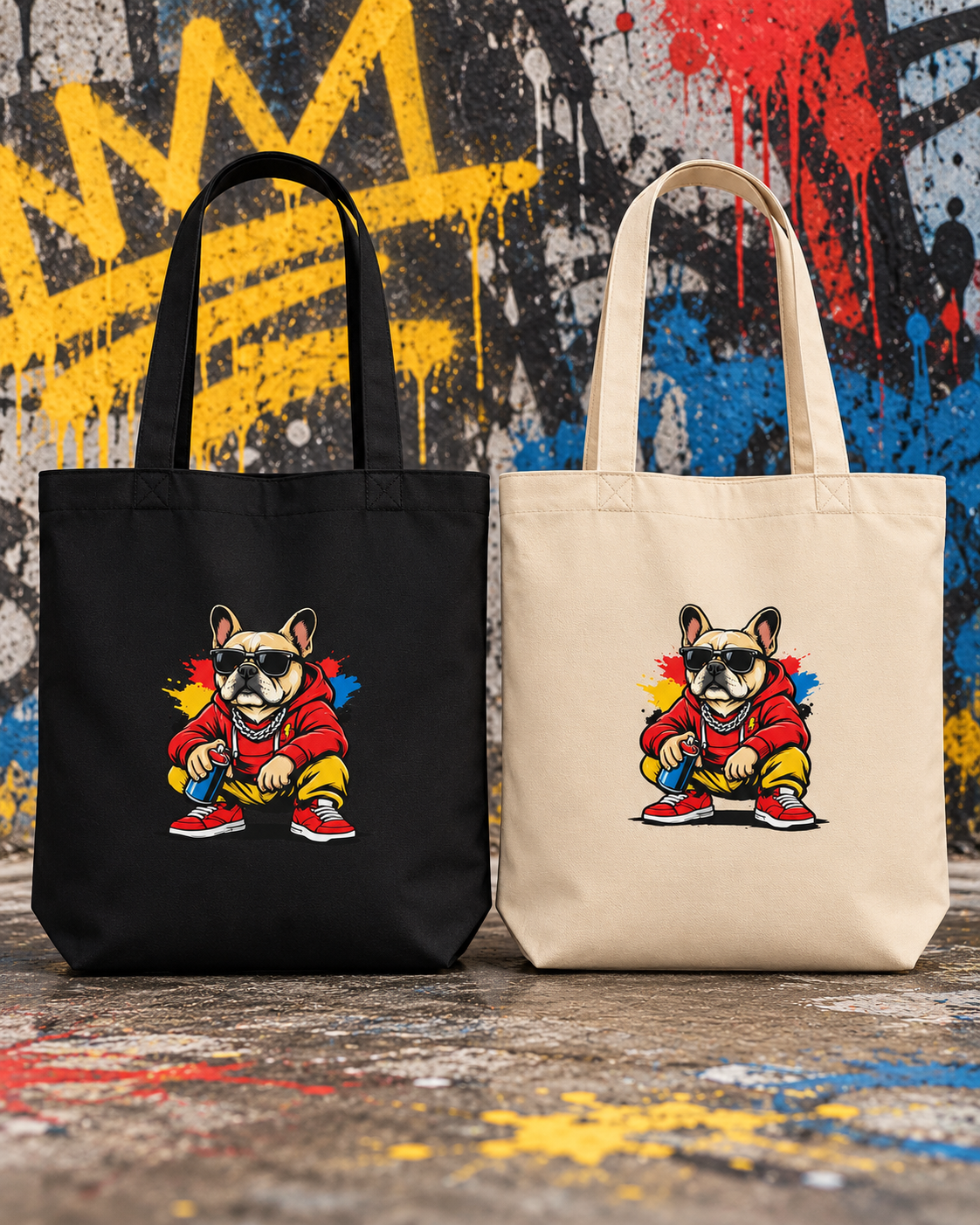 Tote bags Bolt noir et écru côte à côte devant un mur graffiti — visuel d'ambiance IA