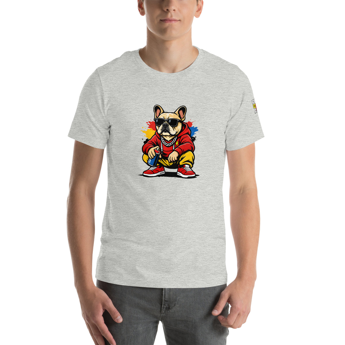 T-shirt Bolt gris chiné porté de face avec illustration Bolt