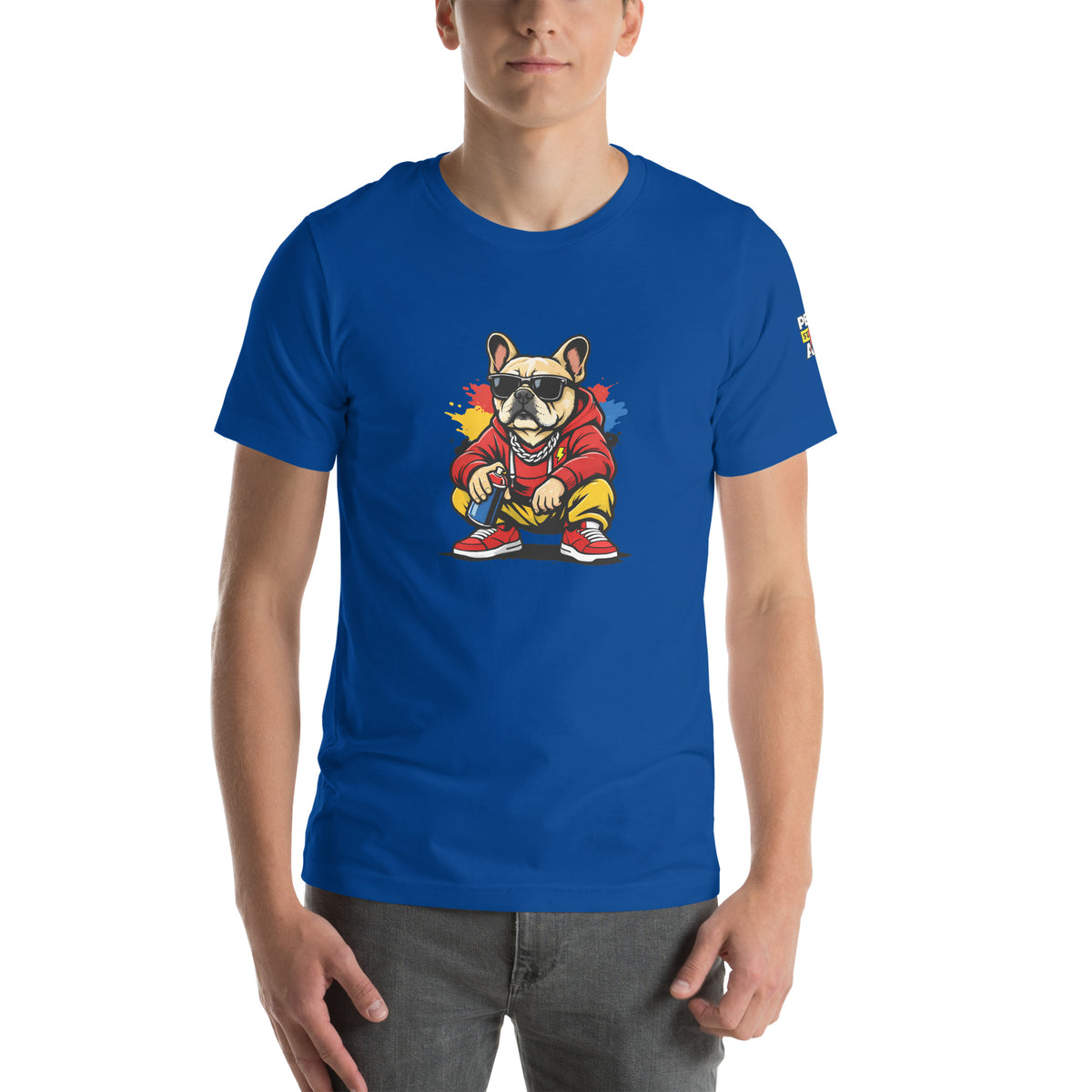 T-shirt Bolt bleu roi foncé porté de face avec illustration Bolt
