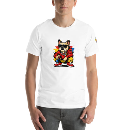 T-shirt Bolt blanc, illustration du bouledogue graffiti sur la poitrine et logo sur la manche